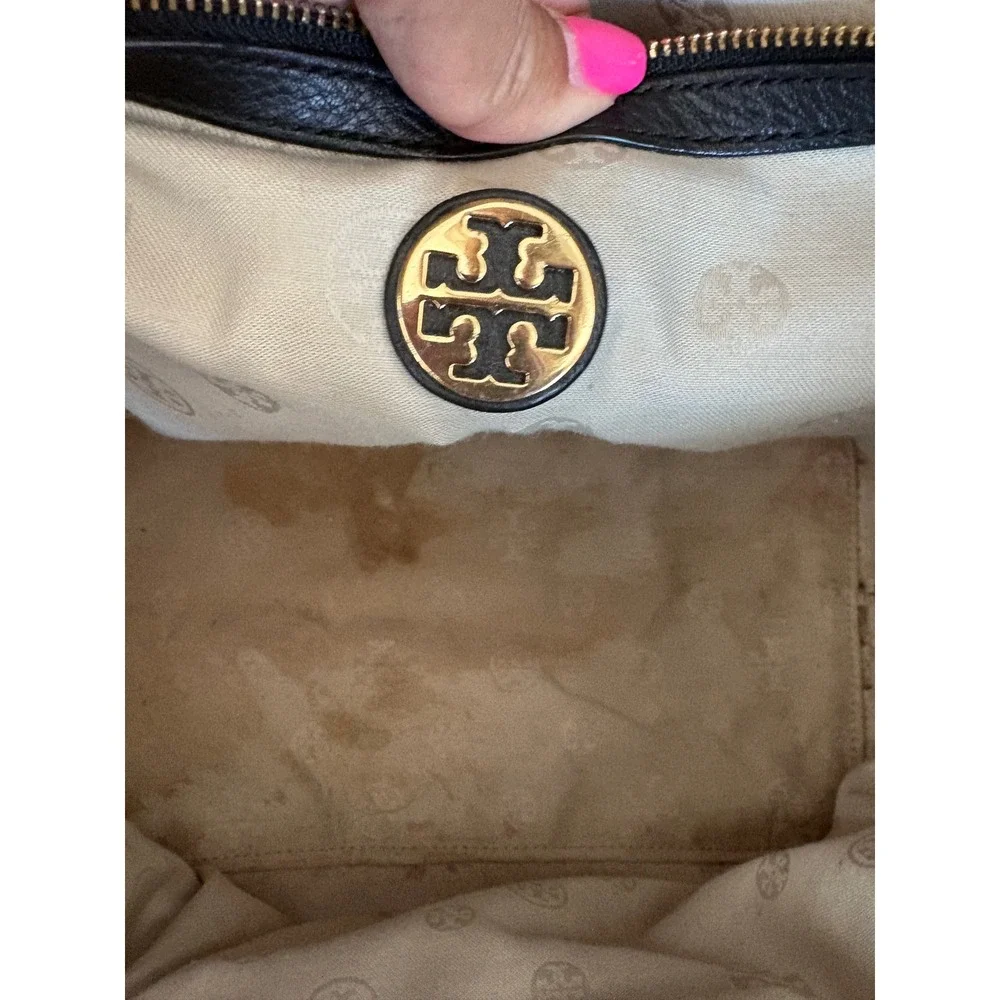 Tory Burch Black Pebbled Leather Side Zip Snakeskin Gusset Tote Bag